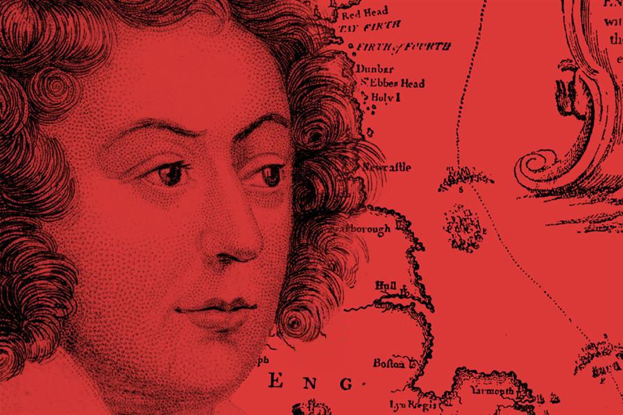 Black and red illustration of William Purcell over a 1600s map of the British Isles