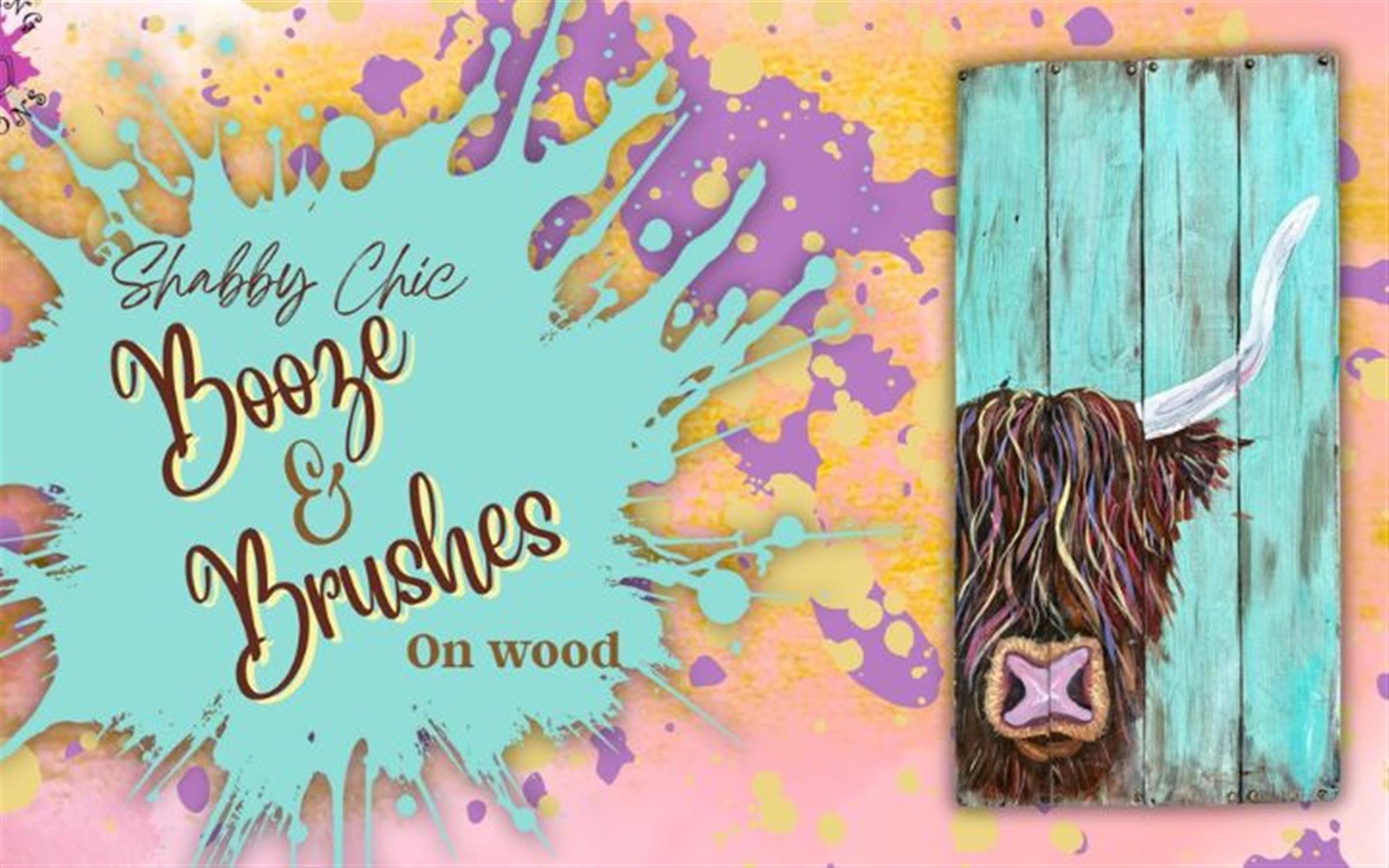 Booze & Brushes on Wood: Shabby Chic Highland Cow image